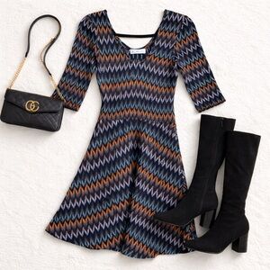 Mika & Gala Zigzag Knit Dress Size 12 Missoni Inspired Fit & Flare Retro Chic